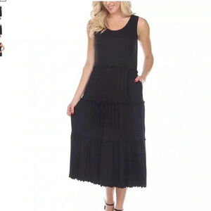 Scoop Neck Midi Sleeveless Tiered Dress White Mark Black 2x NWT